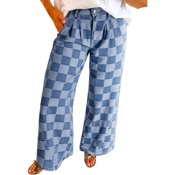 Pants - Womens Patterned Wide Leg Jeans High Waist Cotton Blend Casual Pants